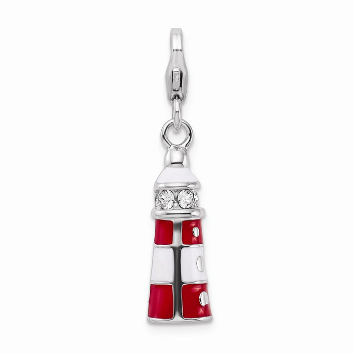 Million Charms 925 Sterling Silver With Rhodium-Plated Enamel Swarovski Crystal Lighthouse With Lobster Clasp Charm