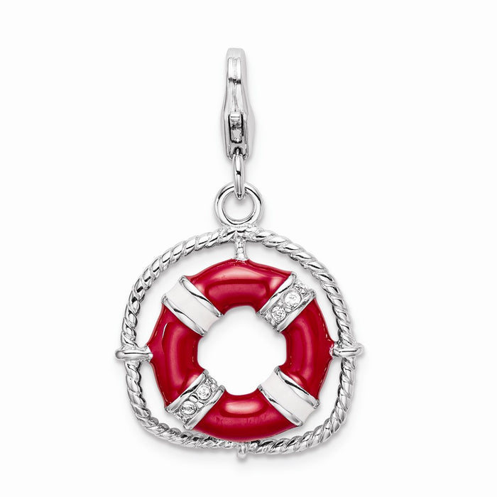 Million Charms 925 Sterling Silver With Rhodium-Plated Enamel Swarovski Crystals Life Preserver With Lobster Charm