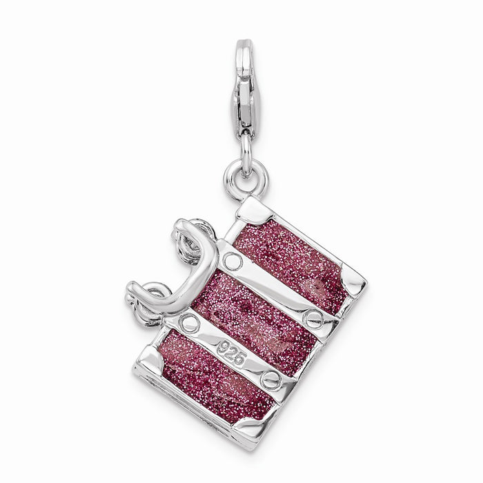 Million Charms 925 Sterling Silver With Rhodium-Plated 3-D Enameled Fuchsia Luggage With Lobster Clasp Charm
