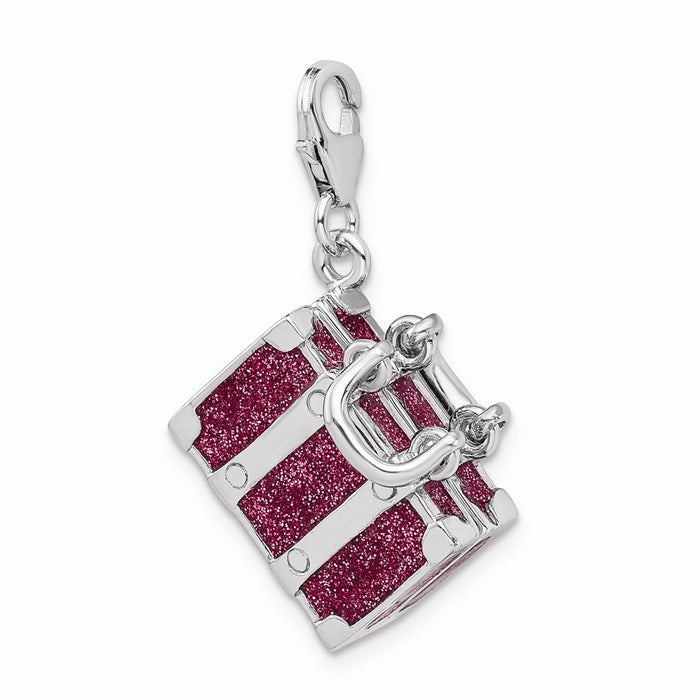 Million Charms 925 Sterling Silver With Rhodium-Plated 3-D Enameled Fuchsia Luggage With Lobster Clasp Charm