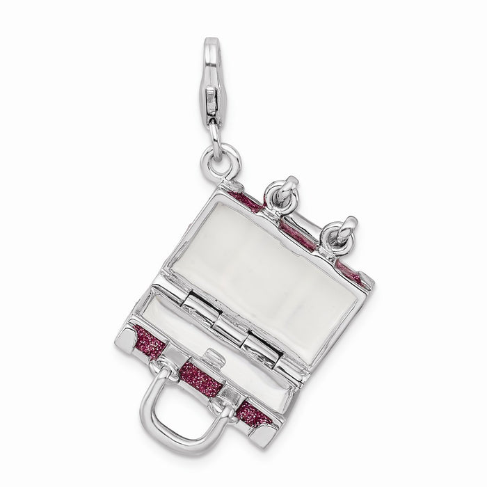 Million Charms 925 Sterling Silver With Rhodium-Plated 3-D Enameled Fuchsia Luggage With Lobster Clasp Charm
