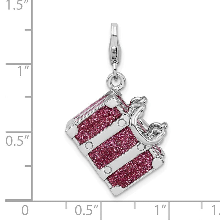 Million Charms 925 Sterling Silver With Rhodium-Plated 3-D Enameled Fuchsia Luggage With Lobster Clasp Charm