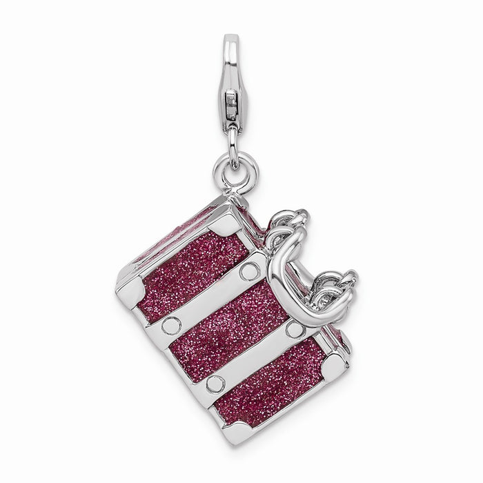 Million Charms 925 Sterling Silver With Rhodium-Plated 3-D Enameled Fuchsia Luggage With Lobster Clasp Charm