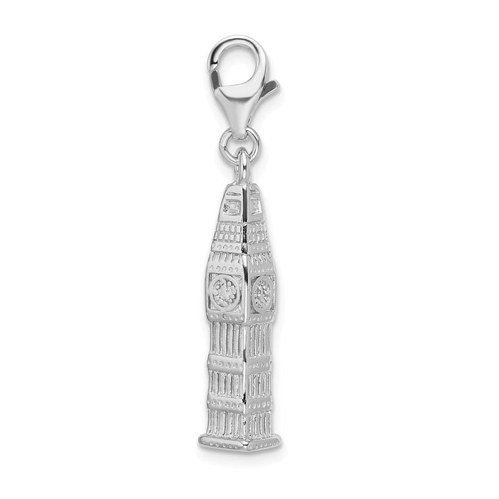 Million Charms 925 Sterling Silver With Rhodium-Plated 3-D Polished Clock Tower With Lobster Clasp Charm