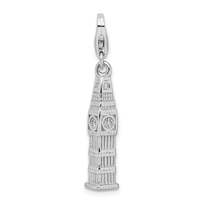 Million Charms 925 Sterling Silver With Rhodium-Plated 3-D Polished Clock Tower With Lobster Clasp Charm