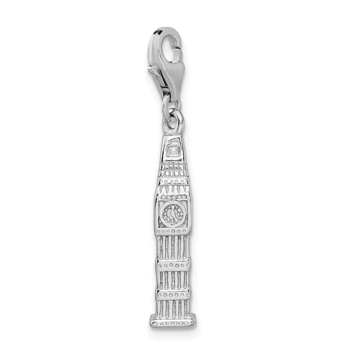 Million Charms 925 Sterling Silver With Rhodium-Plated 3-D Polished Clock Tower With Lobster Clasp Charm