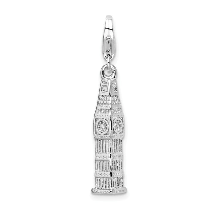 Million Charms 925 Sterling Silver With Rhodium-Plated 3-D Polished Clock Tower With Lobster Clasp Charm