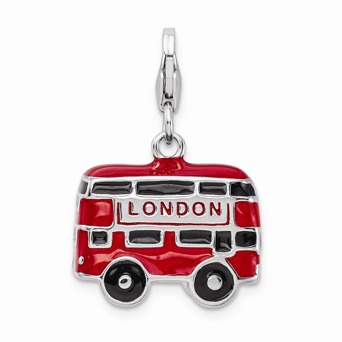 Million Charms 925 Sterling Silver With Rhodium-Plated Enamel Double Decker London Bus With Lobster Clasp Charm