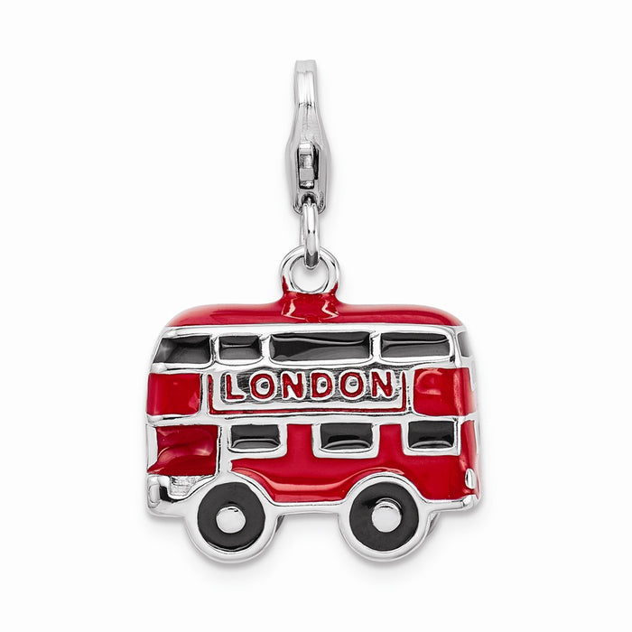 Million Charms 925 Sterling Silver With Rhodium-Plated Enamel Double Decker London Bus With Lobster Clasp Charm