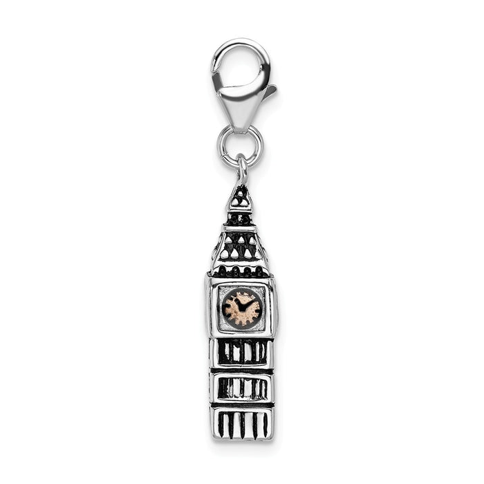 Million Charms 925 Sterling Silver 3-D Antiqued Big Ben With Lobster Clasp Charm