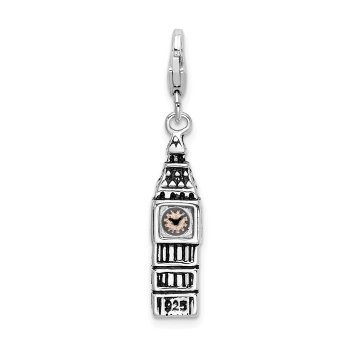 Million Charms 925 Sterling Silver 3-D Antiqued Big Ben With Lobster Clasp Charm