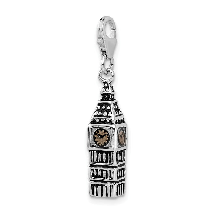 Million Charms 925 Sterling Silver 3-D Antiqued Big Ben With Lobster Clasp Charm