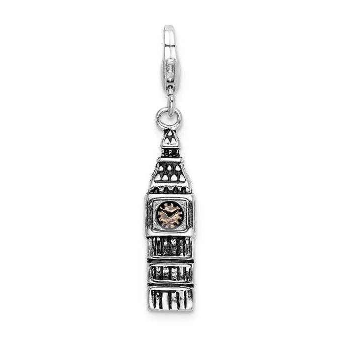 Million Charms 925 Sterling Silver 3-D Antiqued Big Ben With Lobster Clasp Charm