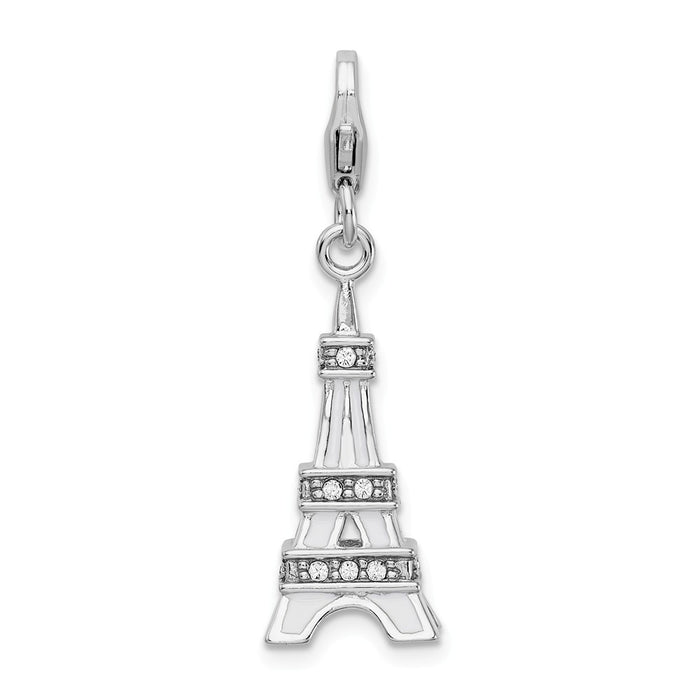 Million Charms 925 Sterling Silver With Rhodium-Plated 3-D Enamel Swarovski Crystals Eiffel Tower With Lobster Charm