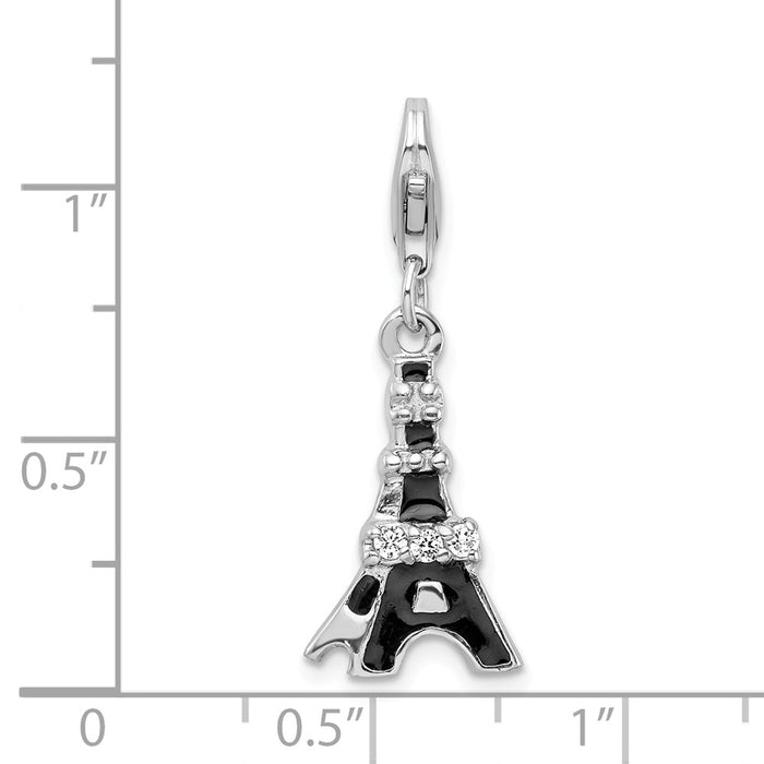 Million Charms 925 Sterling Silver With Rhodium-Plated Black Enameled (Cubic Zirconia) CZ Eiffel Tower With Lobster Clasp Charm