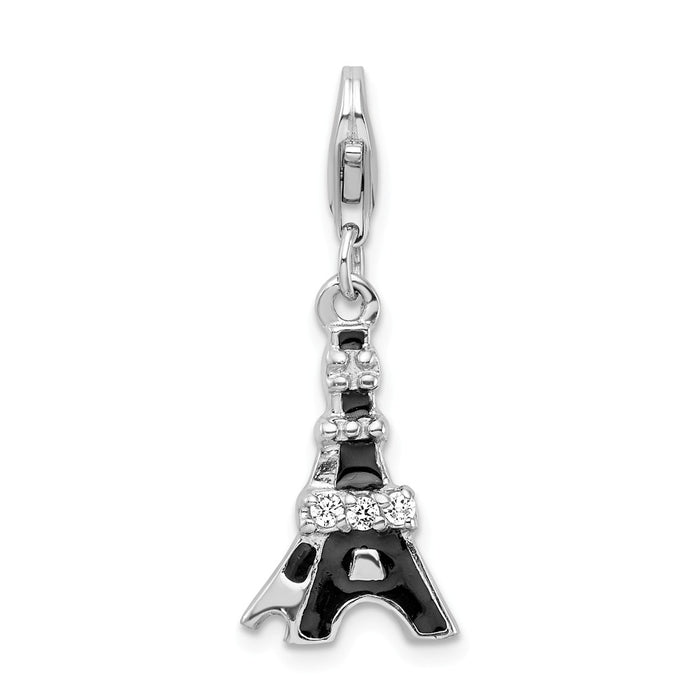 Million Charms 925 Sterling Silver With Rhodium-Plated Black Enameled (Cubic Zirconia) CZ Eiffel Tower With Lobster Clasp Charm