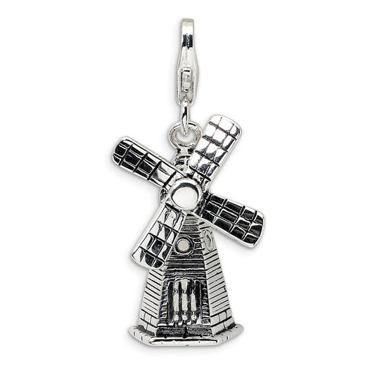 Million Charms 925 Sterling Silver With Rhodium-Plated 3-D Moveable Windmill With Lobster Clasp Charm