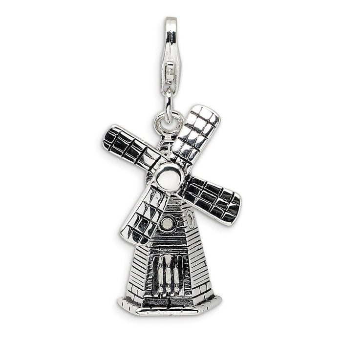 Million Charms 925 Sterling Silver With Rhodium-Plated 3-D Moveable Windmill With Lobster Clasp Charm