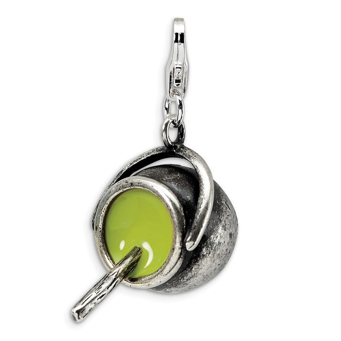 Million Charms 925 Sterling Silver 3D Antiqued Enameled Witches Cauldron With Lobster Clasp Charm