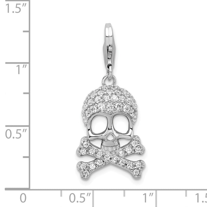 Million Charms 925 Sterling Silver Rhodium-Plated (Cubic Zirconia) CZ Skull & Relgious Cross Bones With Lobster Clasp Charm