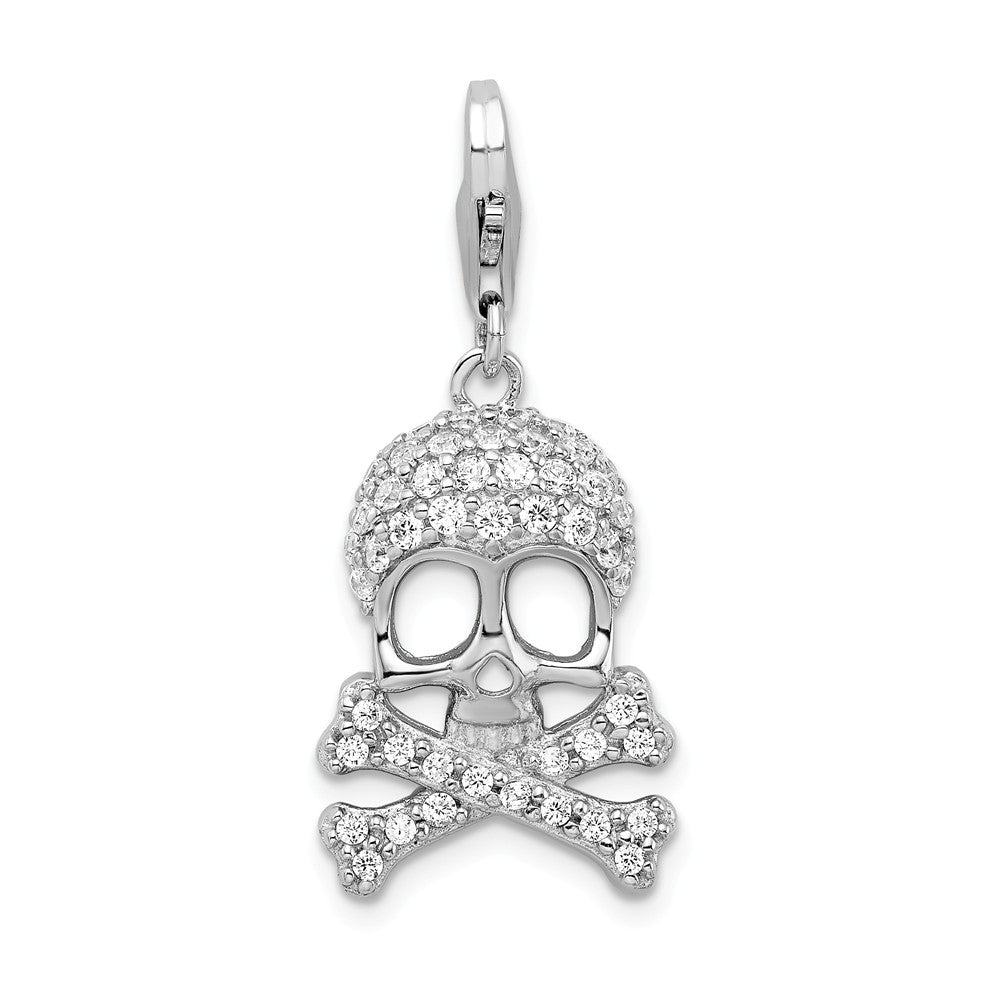 Million Charms 925 Sterling Silver Rhodium-Plated (Cubic Zirconia) CZ Skull & Relgious Cross Bones With Lobster Clasp Charm