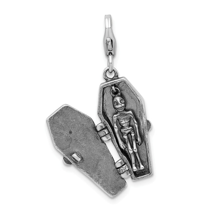 Million Charms 925 Sterling Silver 3-D Antiqued Enameled Skeleton In Casket With Lobster Clasp Ch