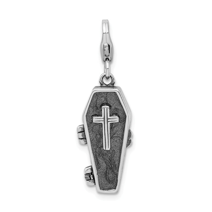 Million Charms 925 Sterling Silver 3-D Antiqued Enameled Skeleton In Casket With Lobster Clasp Ch