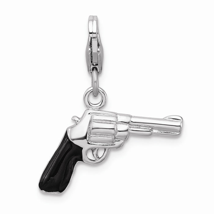 Million Charms 925 Sterling Silver Rhodium-Plated 3-D Enameled Pistol With Lobster Clasp Charm