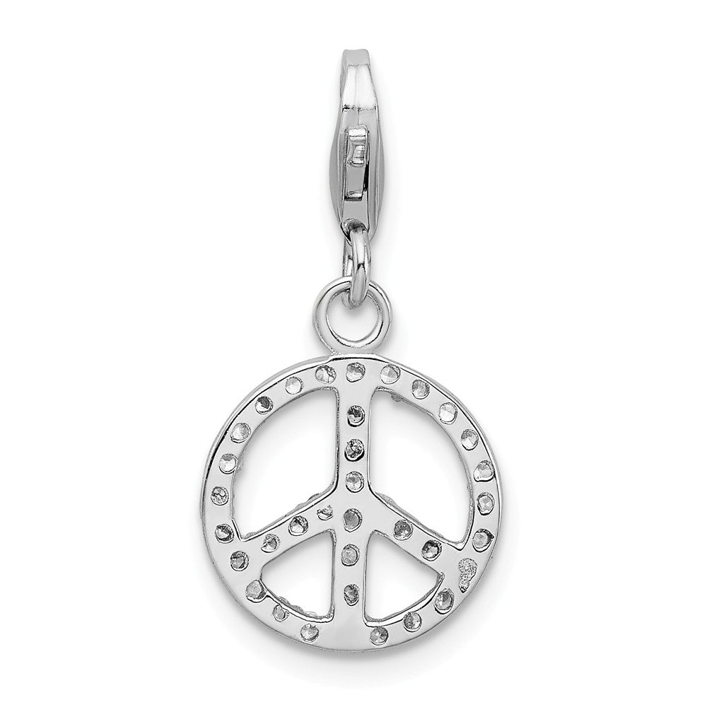 Million Charms 925 Sterling Silver With Rhodium-Plated Small (Cubic Zirconia) CZ Peace Sign With Lobster Clasp Charm