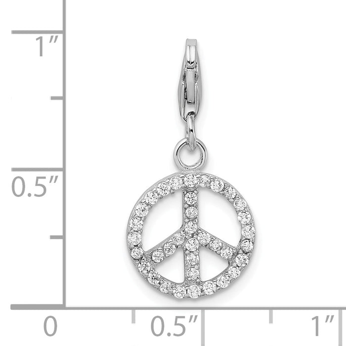 Million Charms 925 Sterling Silver With Rhodium-Plated Small (Cubic Zirconia) CZ Peace Sign With Lobster Clasp Charm