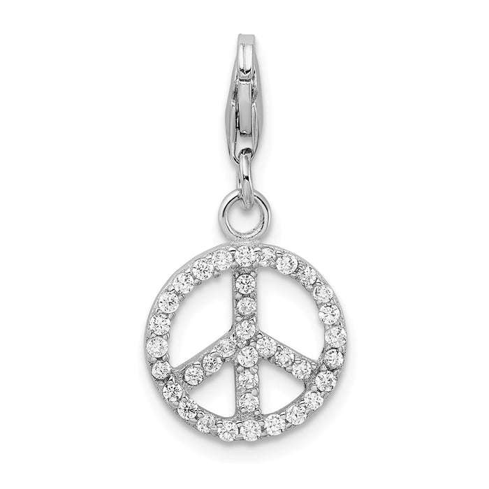 Million Charms 925 Sterling Silver With Rhodium-Plated Small (Cubic Zirconia) CZ Peace Sign With Lobster Clasp Charm