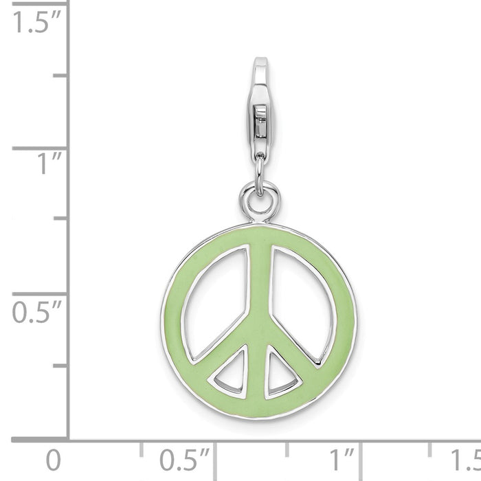 Million Charms 925 Sterling Silver With Rhodium-Plated Green Enameled Peace Symbol With Lobster Clasp Charm