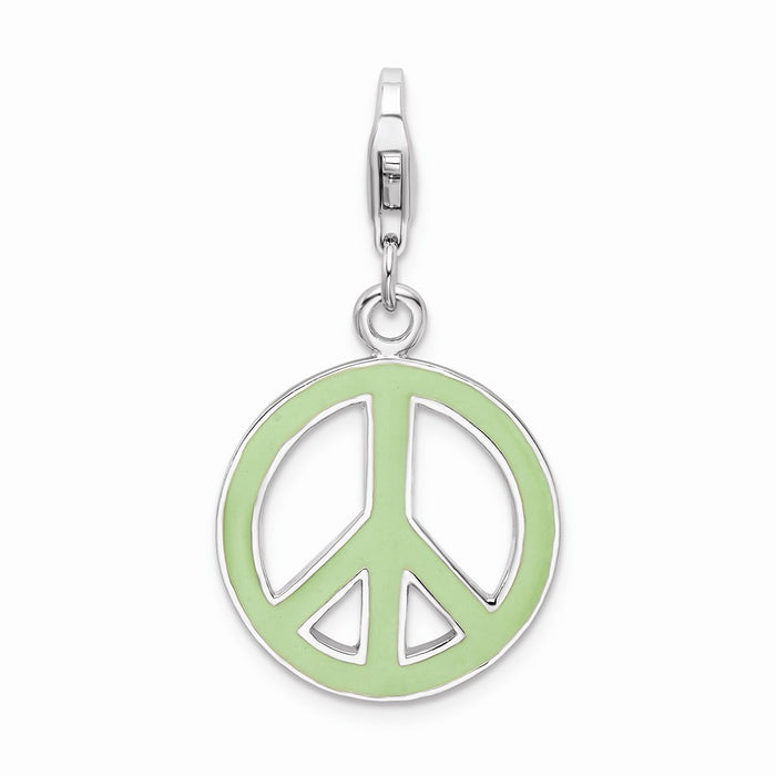 Million Charms 925 Sterling Silver With Rhodium-Plated Green Enameled Peace Symbol With Lobster Clasp Charm