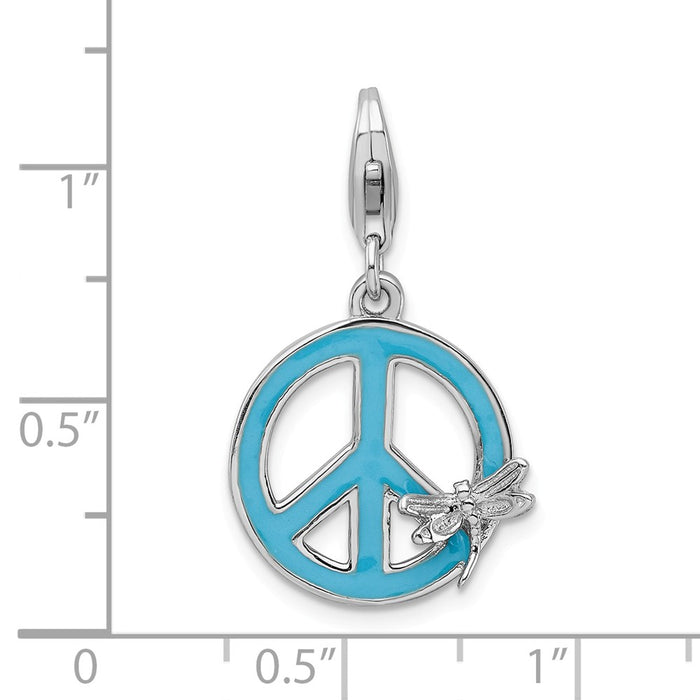 Million Charms 925 Sterling Silver With Rhodium-Plated Enamel Peace Sign With Dragonfly With Lobster Clasp Charm