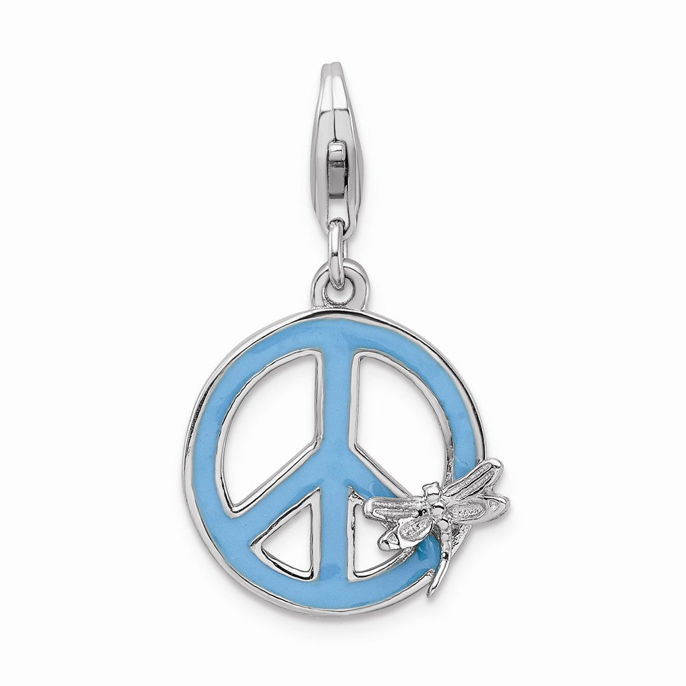 Million Charms 925 Sterling Silver With Rhodium-Plated Enamel Peace Sign With Dragonfly With Lobster Clasp Charm