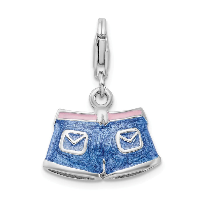 Million Charms 925 Sterling Silver With Rhodium-Plated 3-D Enameled Blue Jean Shorts With Lobster Clasp Charm