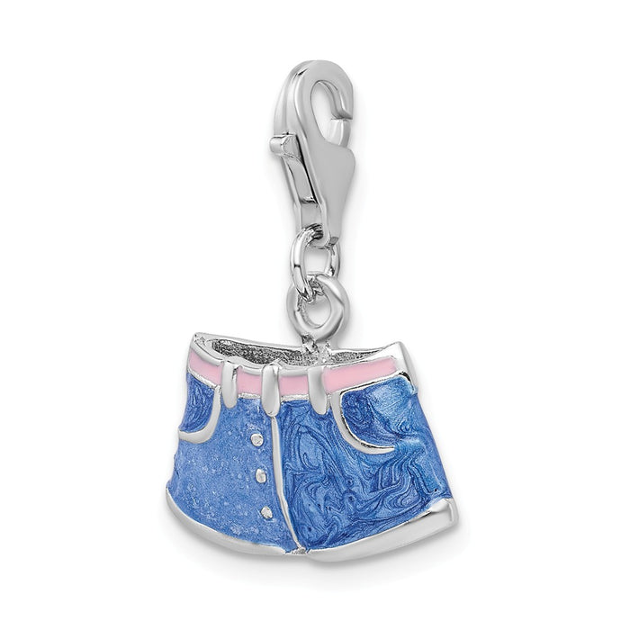 Million Charms 925 Sterling Silver With Rhodium-Plated 3-D Enameled Blue Jean Shorts With Lobster Clasp Charm