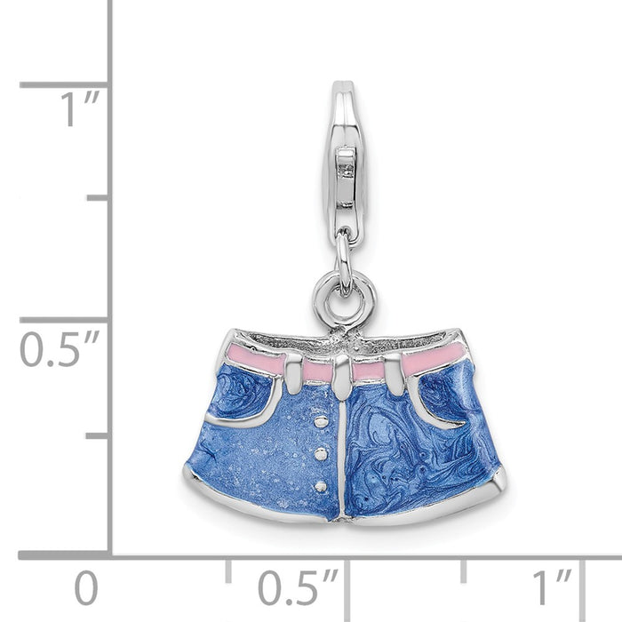 Million Charms 925 Sterling Silver With Rhodium-Plated 3-D Enameled Blue Jean Shorts With Lobster Clasp Charm