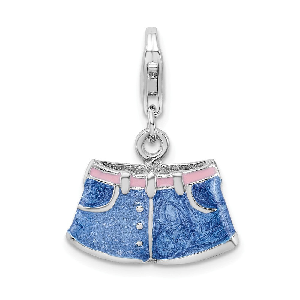 Million Charms 925 Sterling Silver With Rhodium-Plated 3-D Enameled Blue Jean Shorts With Lobster Clasp Charm