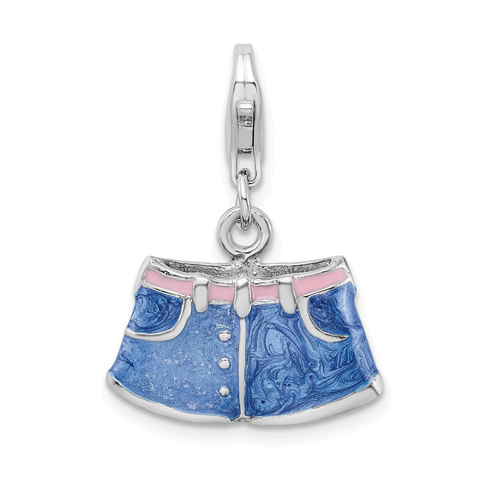 Million Charms 925 Sterling Silver With Rhodium-Plated 3-D Enameled Blue Jean Shorts With Lobster Clasp Charm