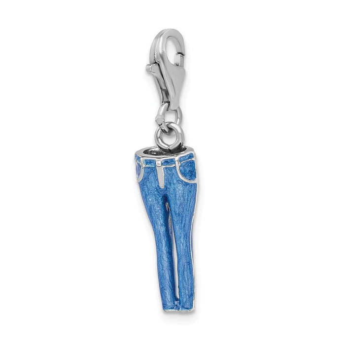 Million Charms 925 Sterling Silver With Rhodium-Plated 3-D Enameled Blue Jeans With Lobster Clasp Charm