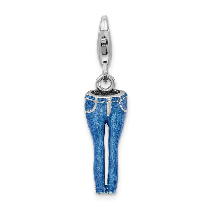 Million Charms 925 Sterling Silver With Rhodium-Plated 3-D Enameled Blue Jeans With Lobster Clasp Charm