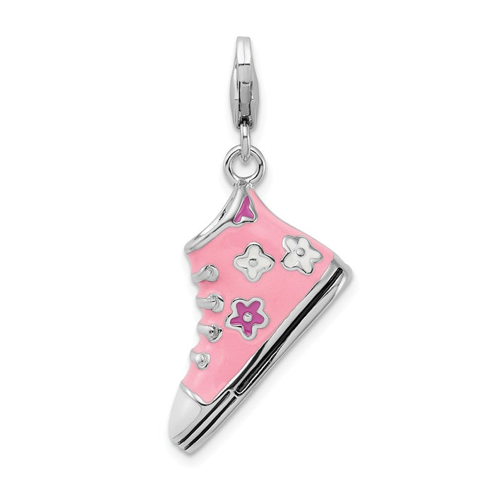 Million Charms 925 Sterling Silver With Rhodium-Plated 3-D Enameled Pink High Top Sneaker With Lobster Clasp Charm