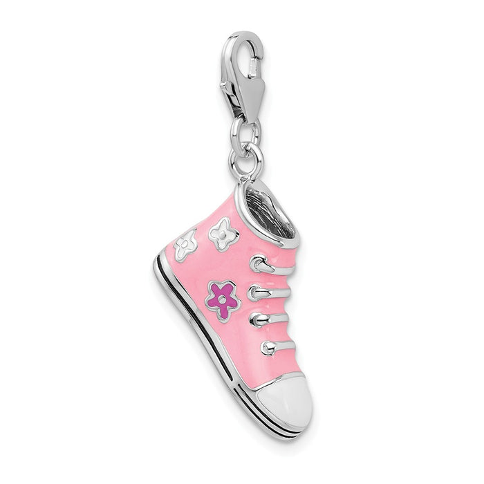 Million Charms 925 Sterling Silver With Rhodium-Plated 3-D Enameled Pink High Top Sneaker With Lobster Clasp Charm