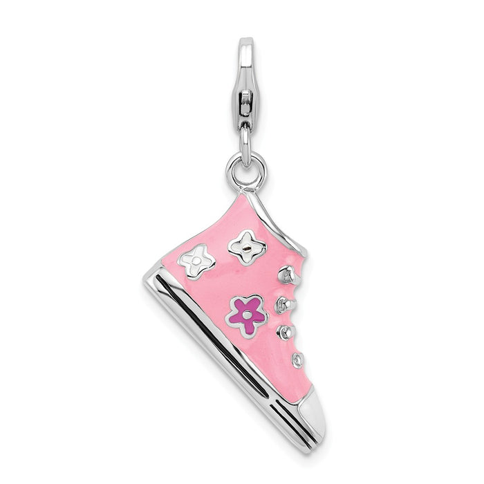 Million Charms 925 Sterling Silver With Rhodium-Plated 3-D Enameled Pink High Top Sneaker With Lobster Clasp Charm