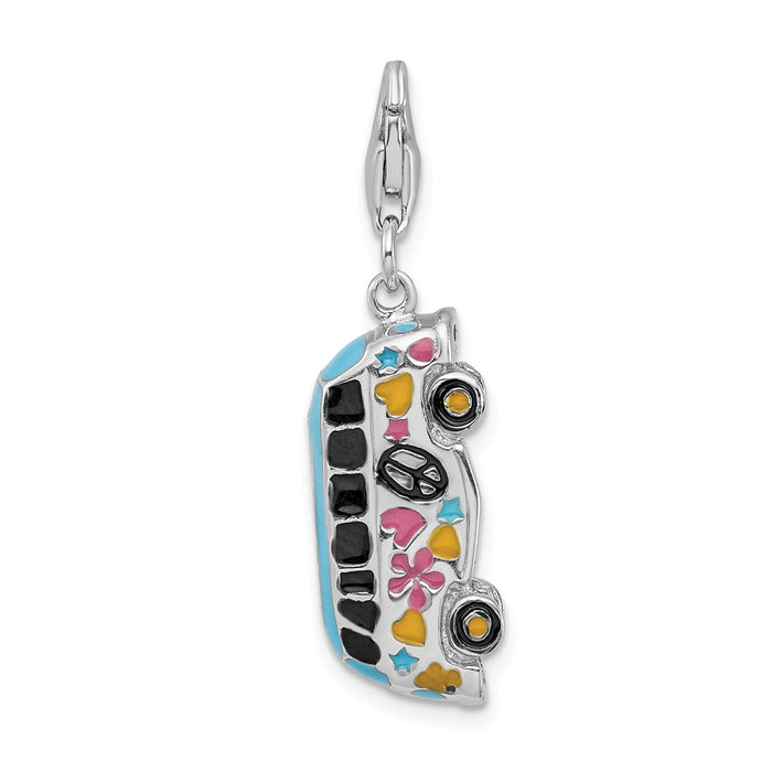 Million Charms 925 Sterling Silver With Rhodium-Plated 3-D Enameled Hippie Bus With Lobster Clasp Charm