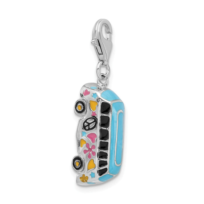 Million Charms 925 Sterling Silver With Rhodium-Plated 3-D Enameled Hippie Bus With Lobster Clasp Charm