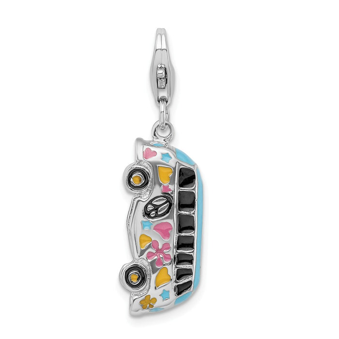 Million Charms 925 Sterling Silver With Rhodium-Plated 3-D Enameled Hippie Bus With Lobster Clasp Charm