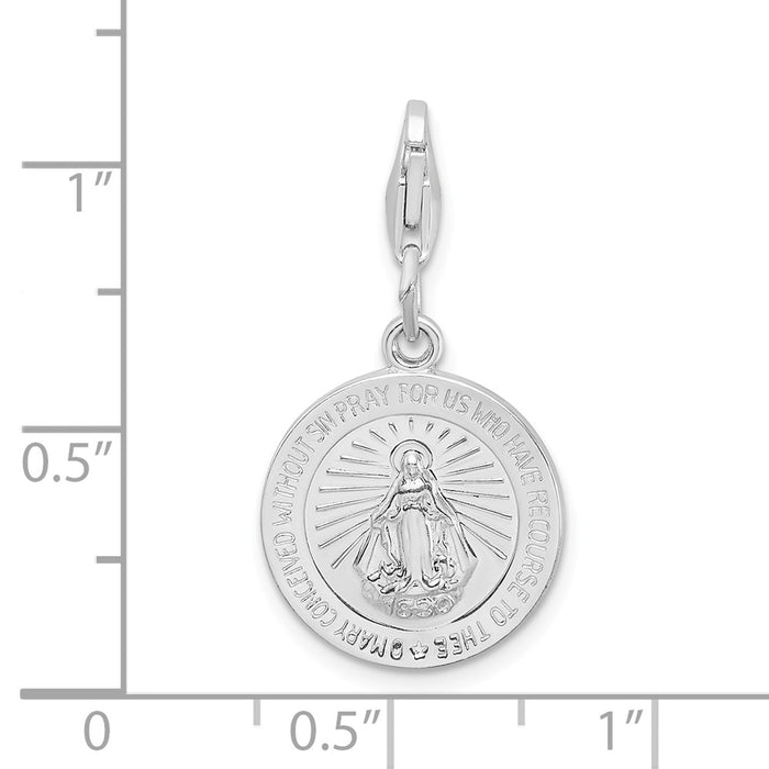 Million Charms 925 Sterling Silver With Rhodium-Plated Religious Miraculous Medal With Lobster Clasp Charm