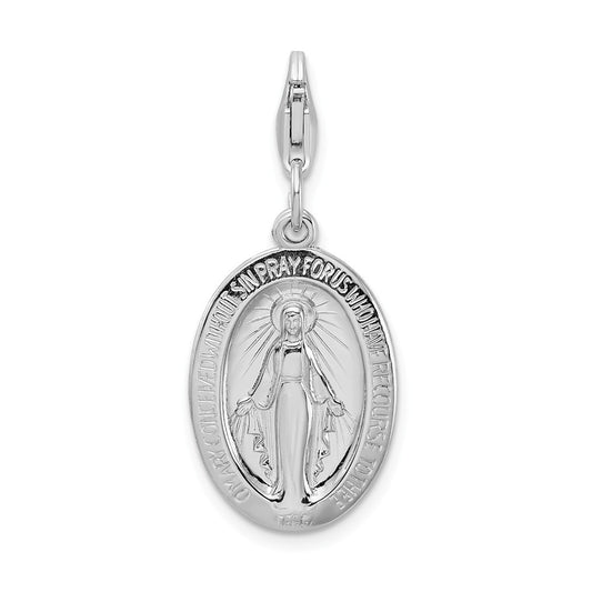 Million Charms 925 Sterling Silver With Rhodium-Plated Religious Miraculous Medal With Lobster Clasp Charm